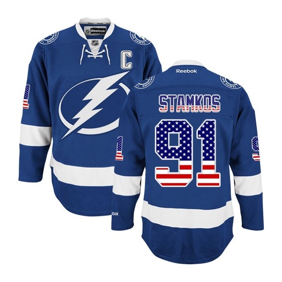 Men's Tampa Bay Lightning #91 Steven Stamkos Royal Blue USA Flag Stitched NHL Jersey